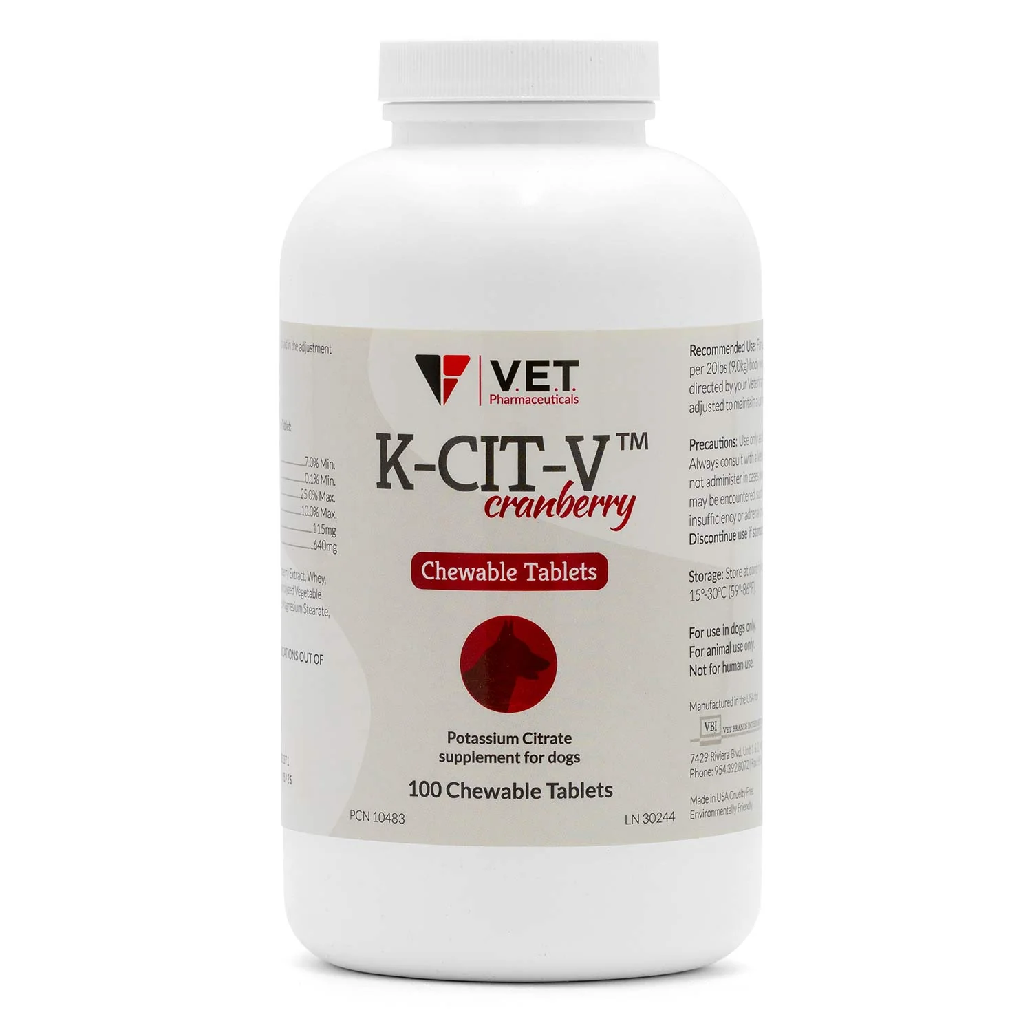 K-CIT-V Potassium Citrate plus Cranberry for Dogs, 640mg, 100 Chewable Tablets - Image 1