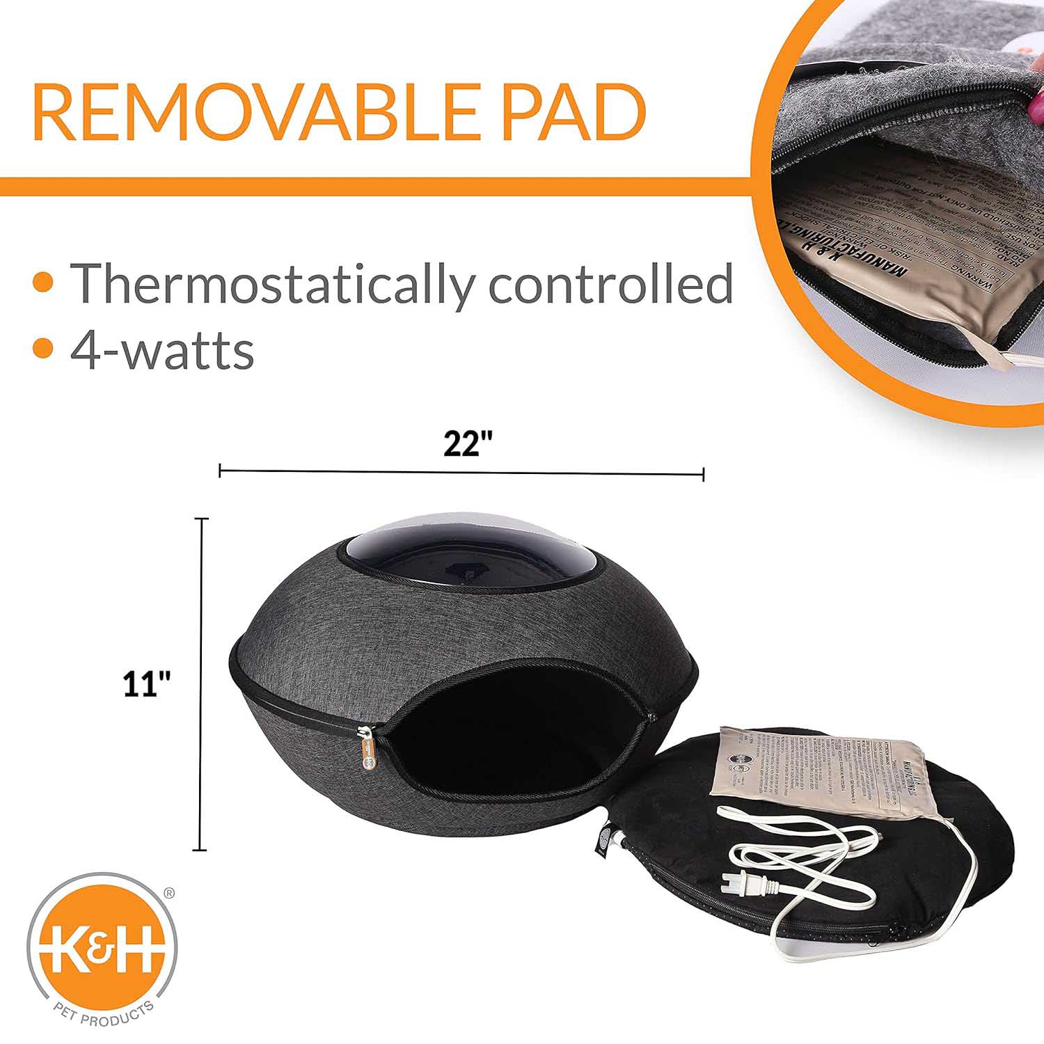 K&H Thermo-Lookout Pod Heated Cat Bed – Indoor Heated Cat Cave with Window, Removable Cushion, Cozy & Energy-Efficient - Image 2