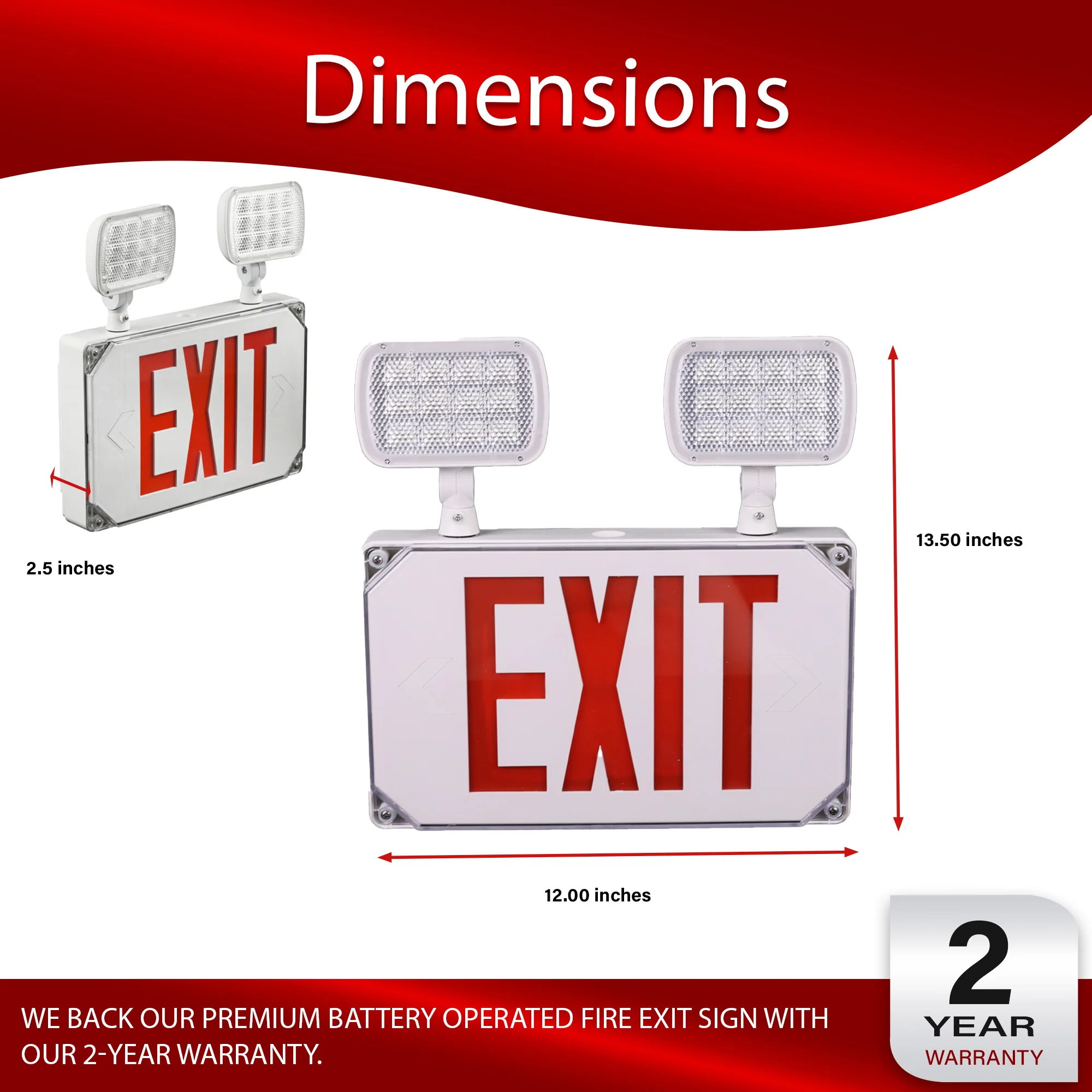 Wet Location LED Emergency Exit Sign Outdoor - Battery Backup with Adjustable Heads - Red Letters #361 - Image 2