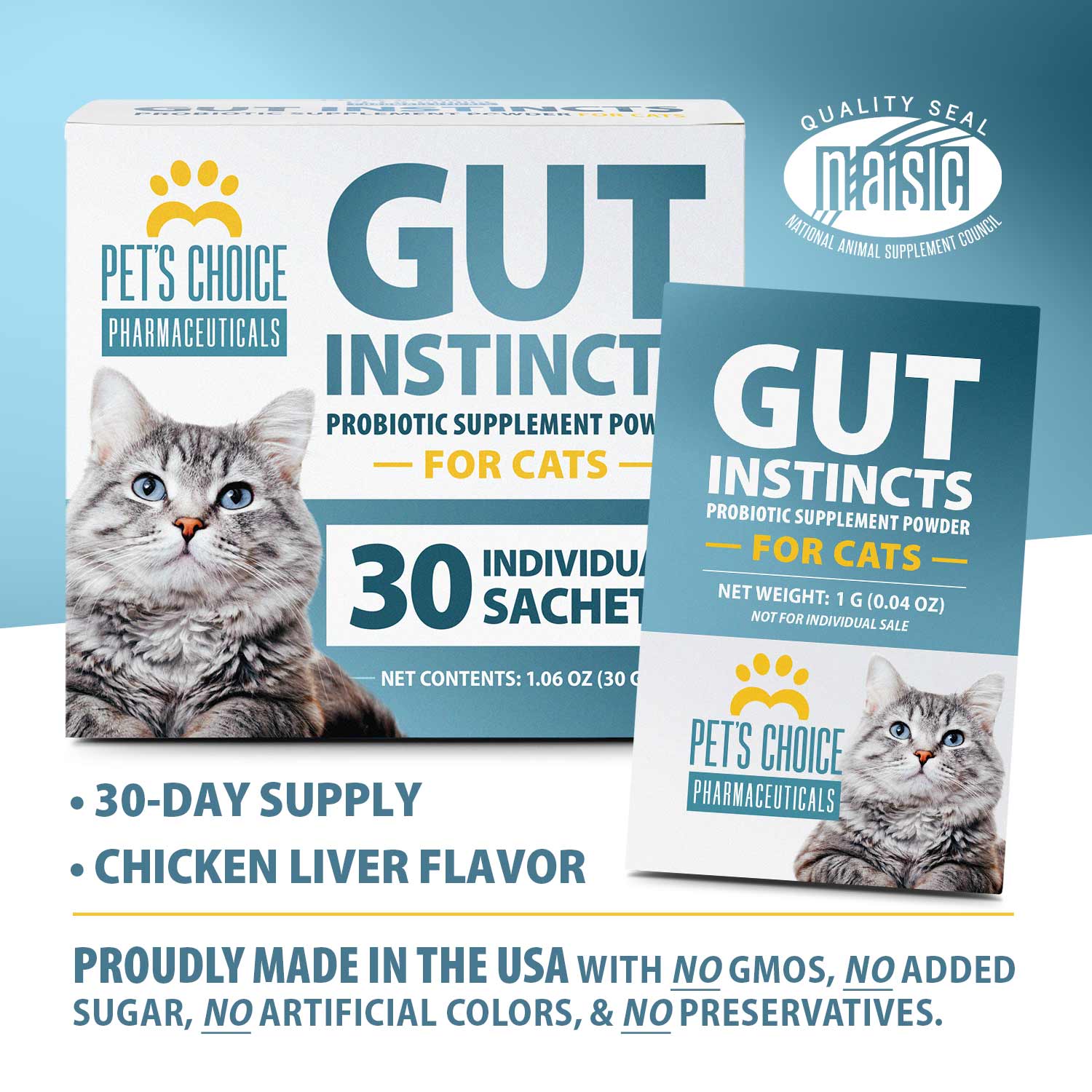 Pet’s Choice Gut Instincts Probiotic Supplement for Cats, Digestive & Immune Support, 30 Powder Packets, Made in USA - Image 2
