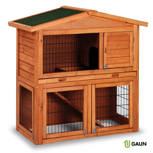Prague Wooden Rabbit Hutch with Ramp, Two-Level Outdoor Bunny House