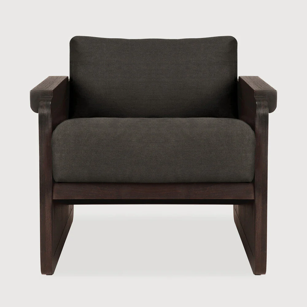 Panel Lounge Chair | Varnished Teak | Dark Brown | Rattan Roasted | Grey Linen - Image 2