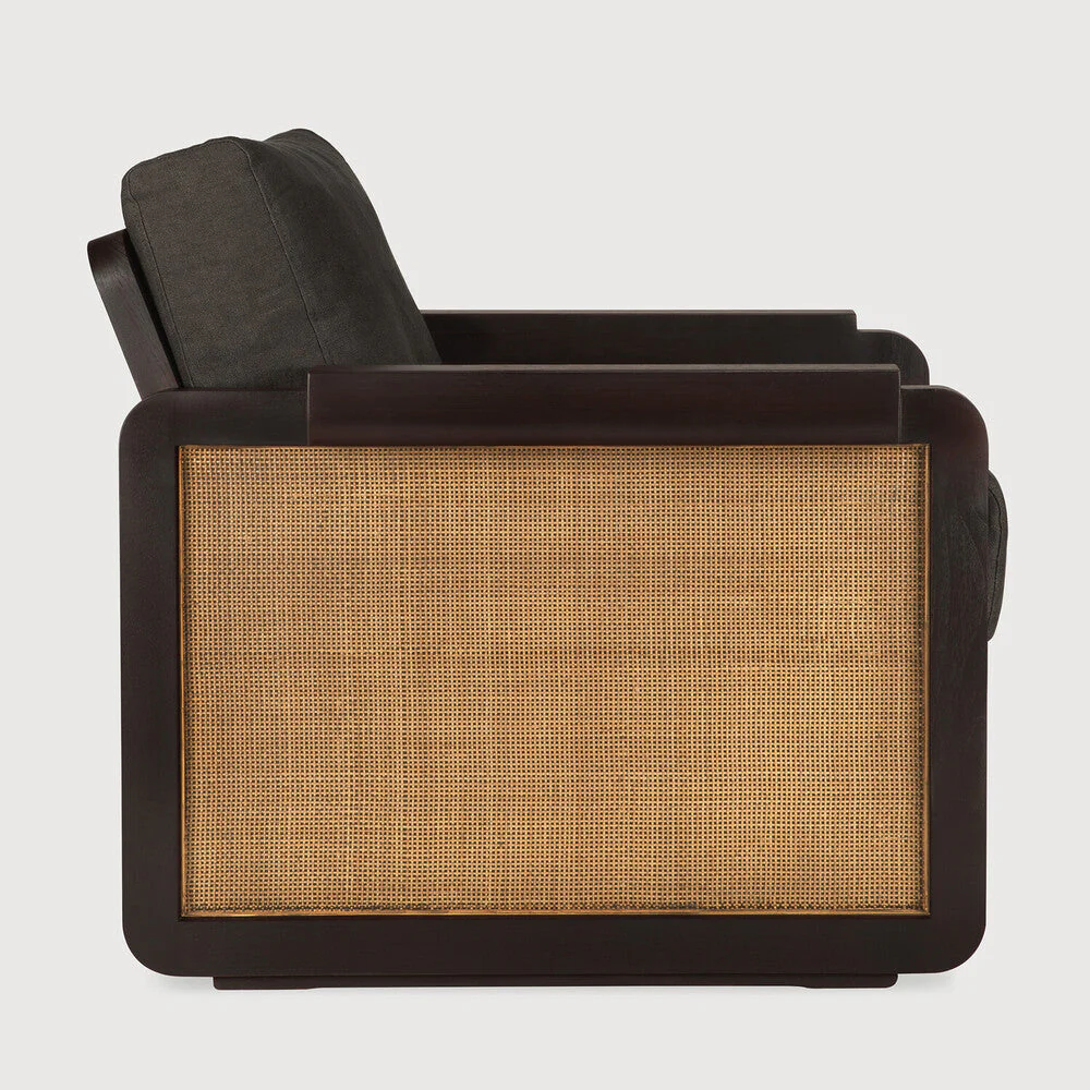Panel Lounge Chair | Varnished Teak | Dark Brown | Rattan Roasted | Grey Linen - Image 3