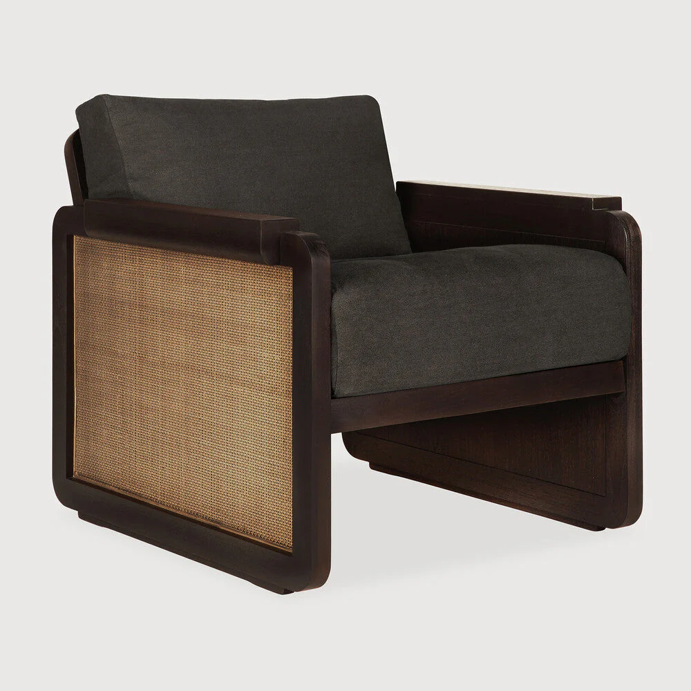 Panel Lounge Chair | Varnished Teak | Dark Brown | Rattan Roasted | Grey Linen - Image 1