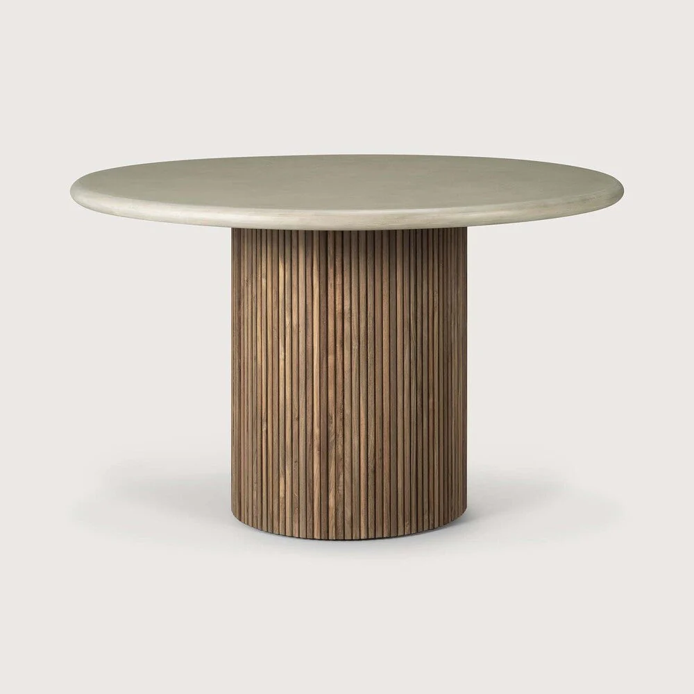 Roller Max Outdoor Dining Table | Varnished Concrete Top | Reclaimed Teak Base | Light Grey | Round | 49" X 49" - Image 1