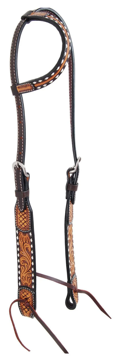 Rafter T Tooled Sunflower with Buckstitch One Ear Headstall - Image 1
