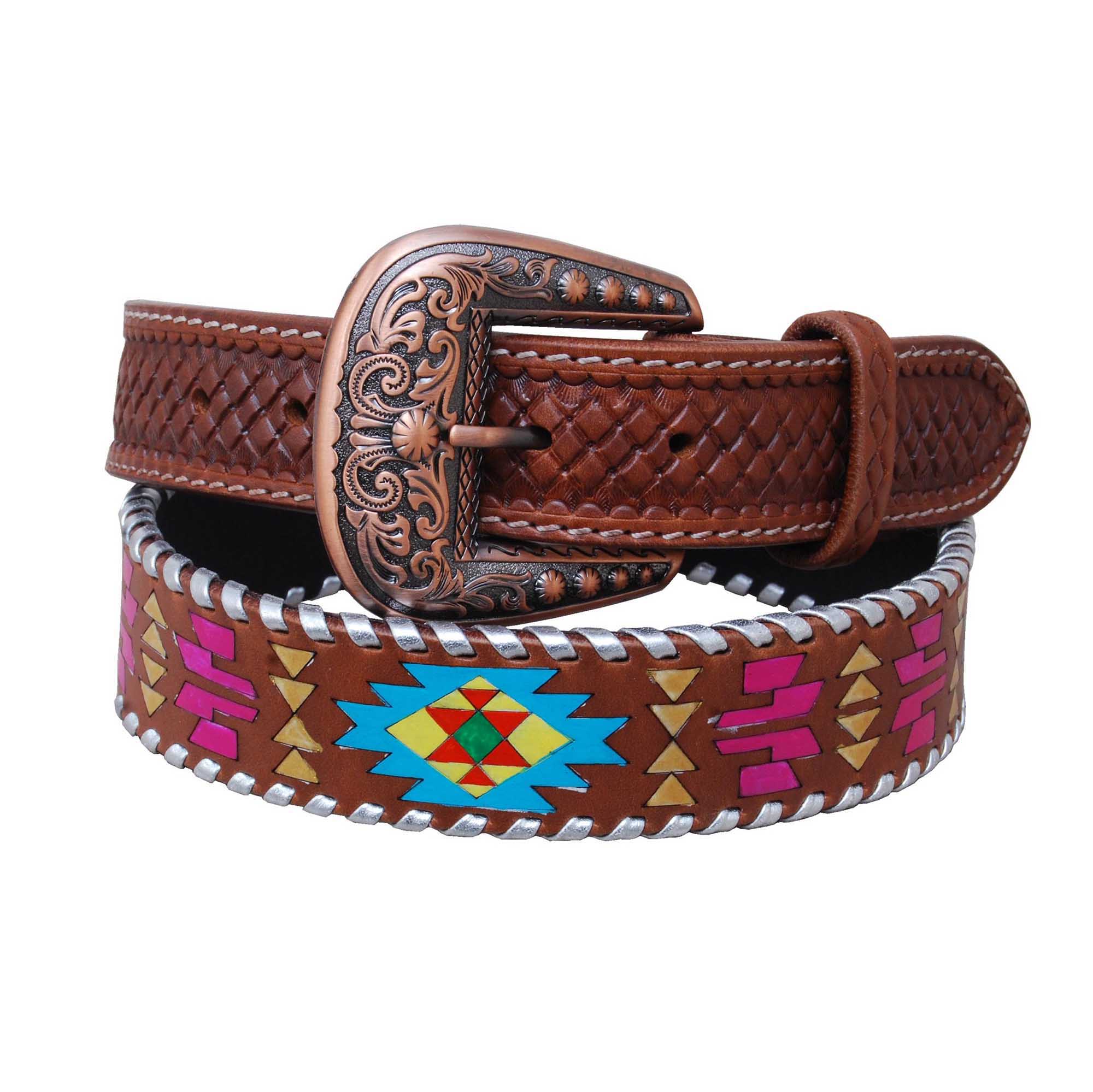 Rafter T Women's Painted Aztec & Silver Stitch Leather Belt - Image 2