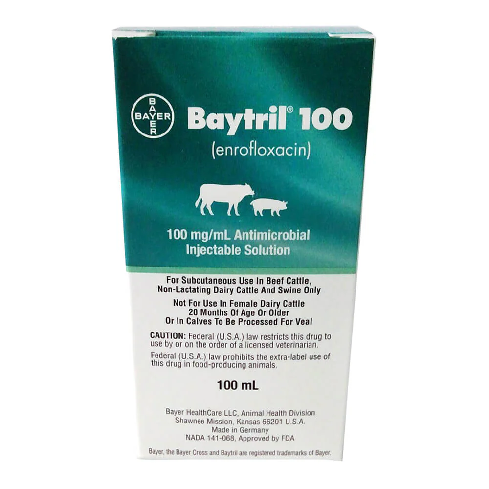 Rx Baytril 100 (enrofloxacin) 100mg/mL Antimicrobial Injectable Solution for Swine & Cattle - Image 2