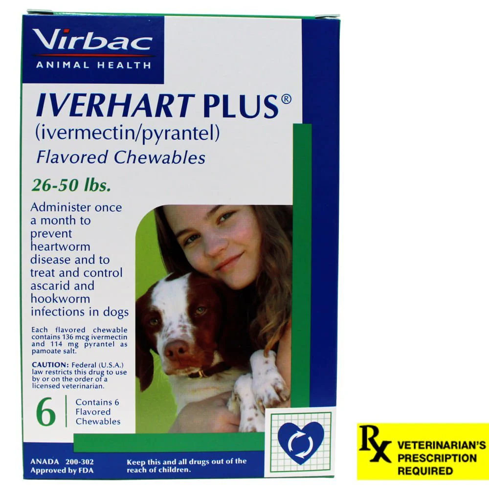 Rx Iverhart Plus (Ivermectin & Pyrantel Pamoate) Monthly Heartworm Protection Flavored Chewable Tabs for Dogs - Image 1