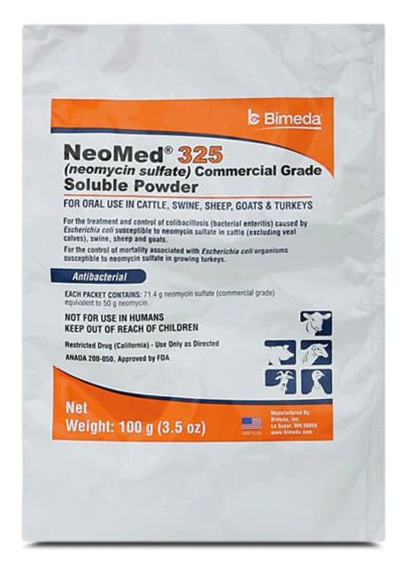 Rx Neomed 325 (neomycin sulfate commercial grade) Soluble Powder for Livestock, 100gm Bag - Image 1
