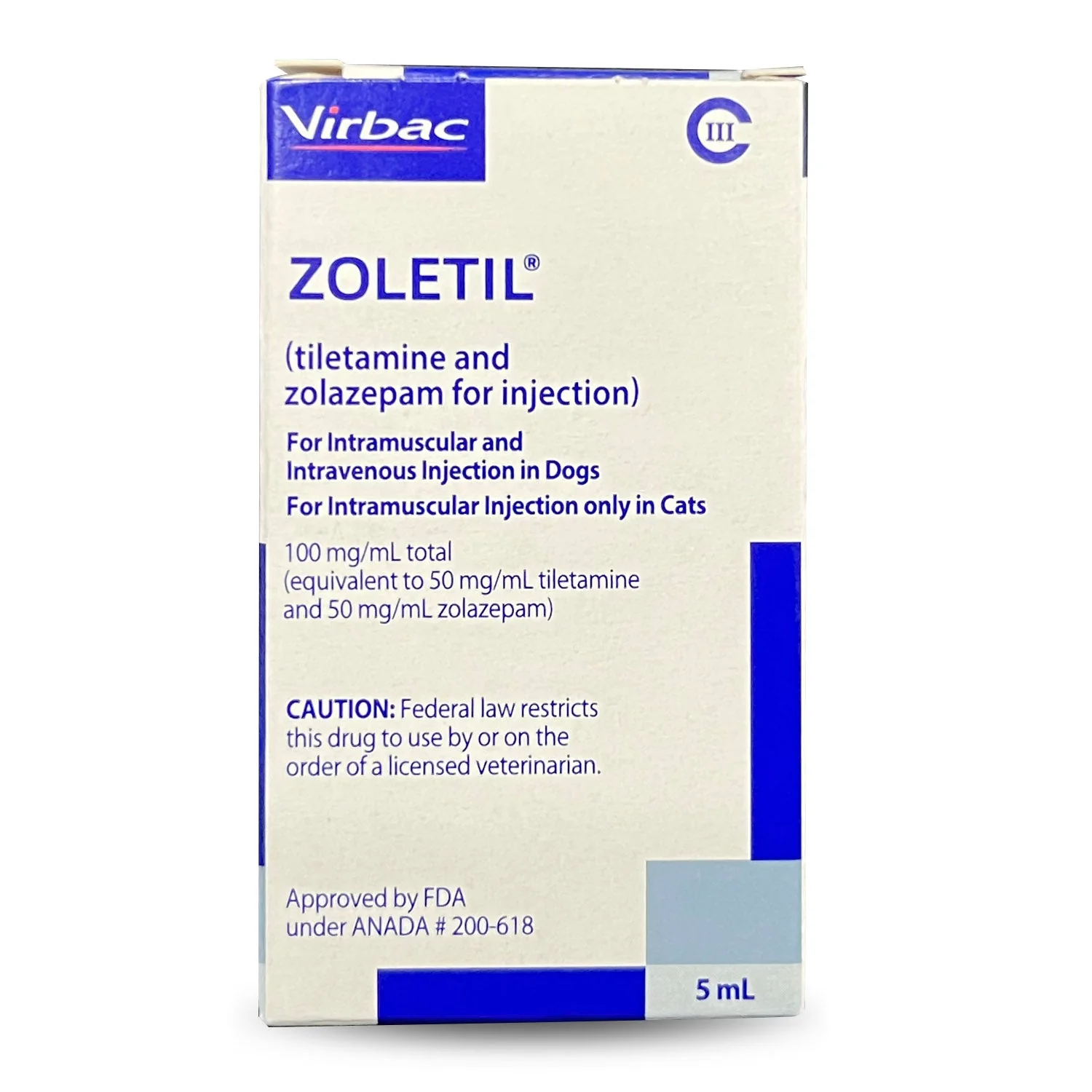 Rx Zoletil Injection (Tiletamine + Zolazepam) 100 mg/ml 5ml Vial C-III(N) for Dogs & Cats - Image 1