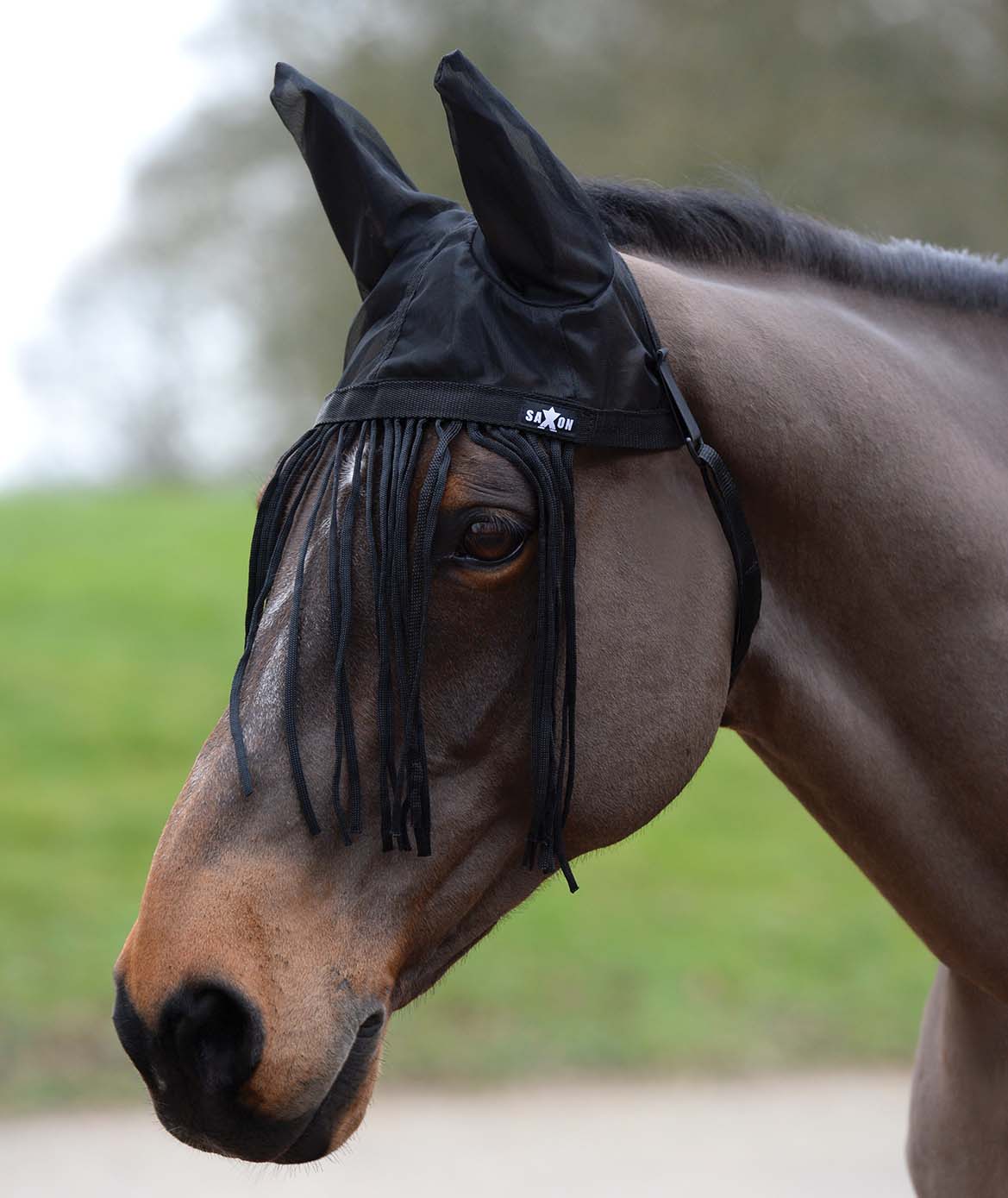 Saxon Fly Fringe Bonnet for Horses with Ears, Black - Image 1