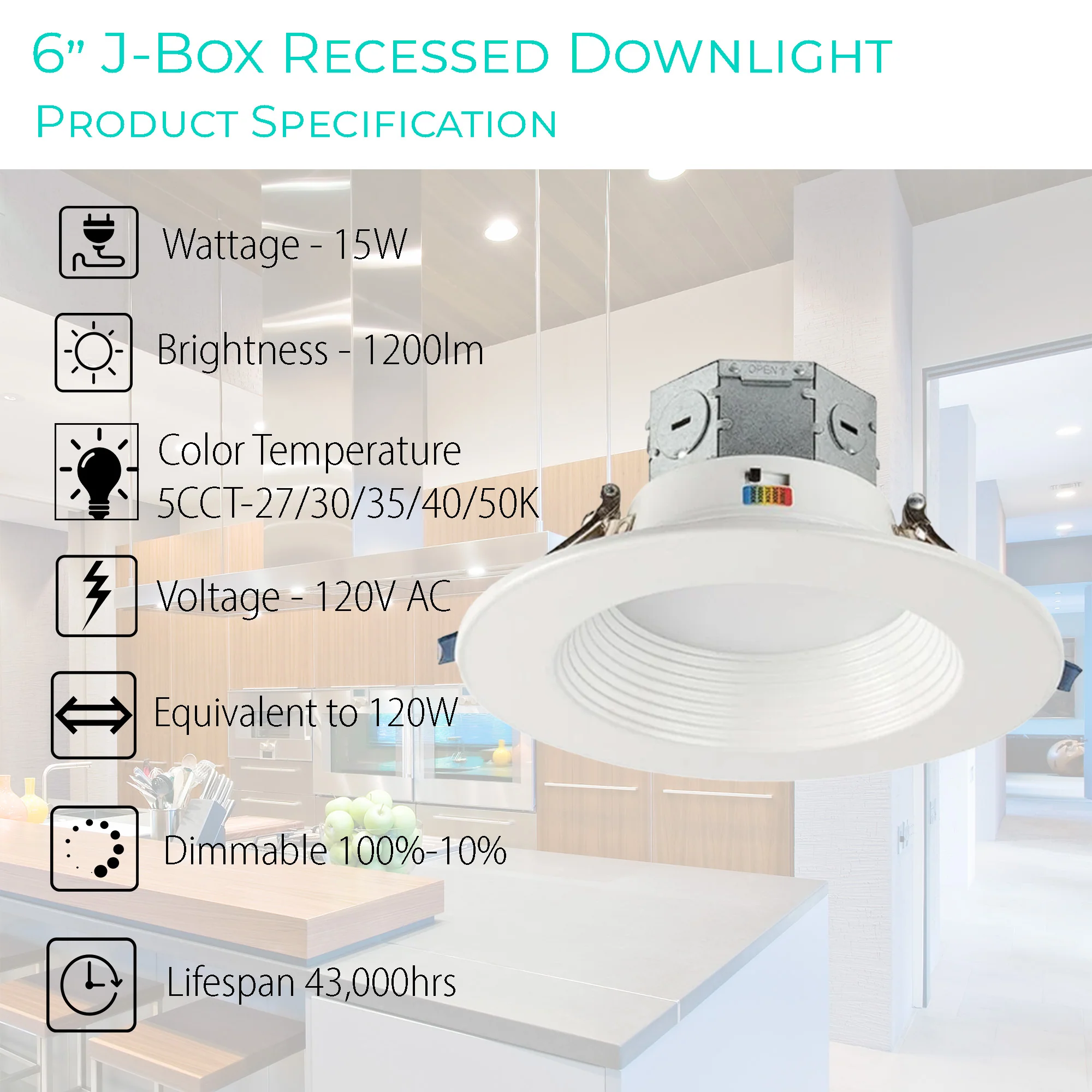 LED Integrated J-Box 6"-15W Recessed Downlight 15W - 1200lms - Color Selectable 5CCT (27/30/35/40/50K) #259 - Image 2
