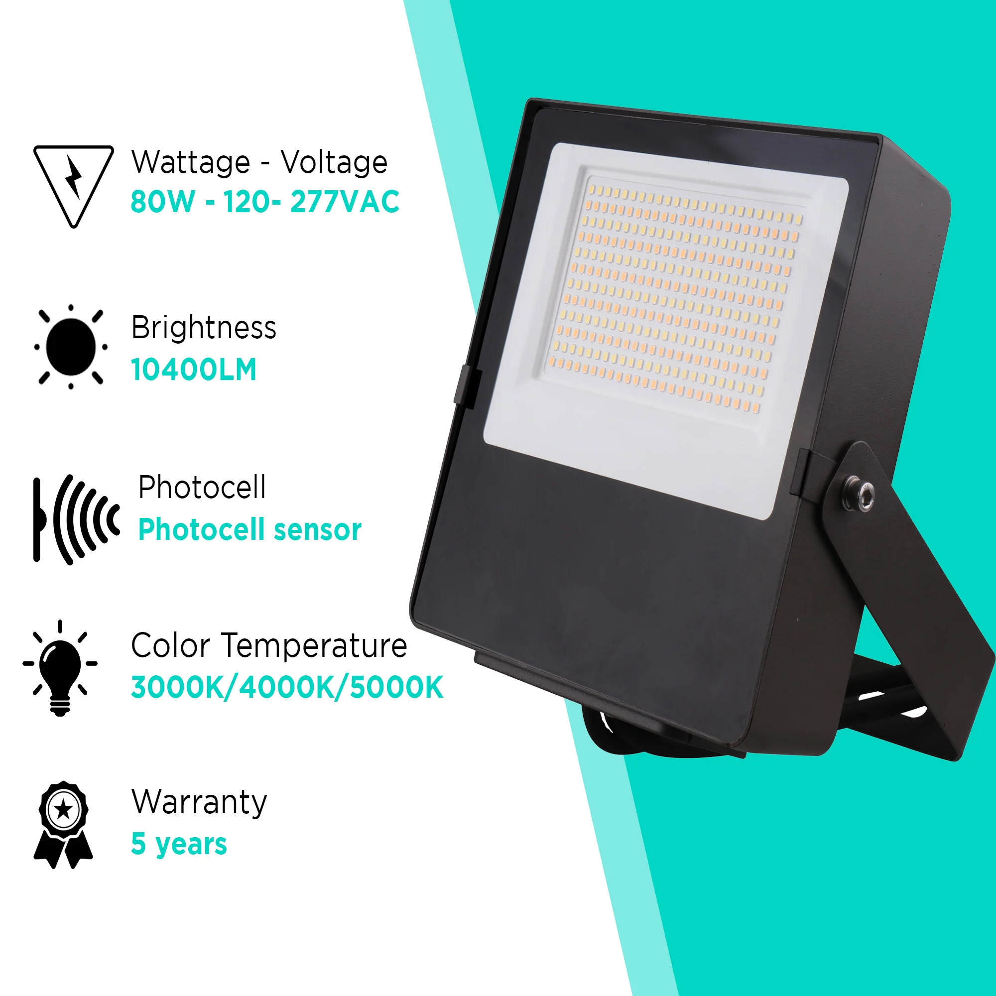 80W Mini Flood Light - CCT Selectable(3000/4000/5000K) - 10400lms - UL Listed - Glass Cover 232-233 - Image 2