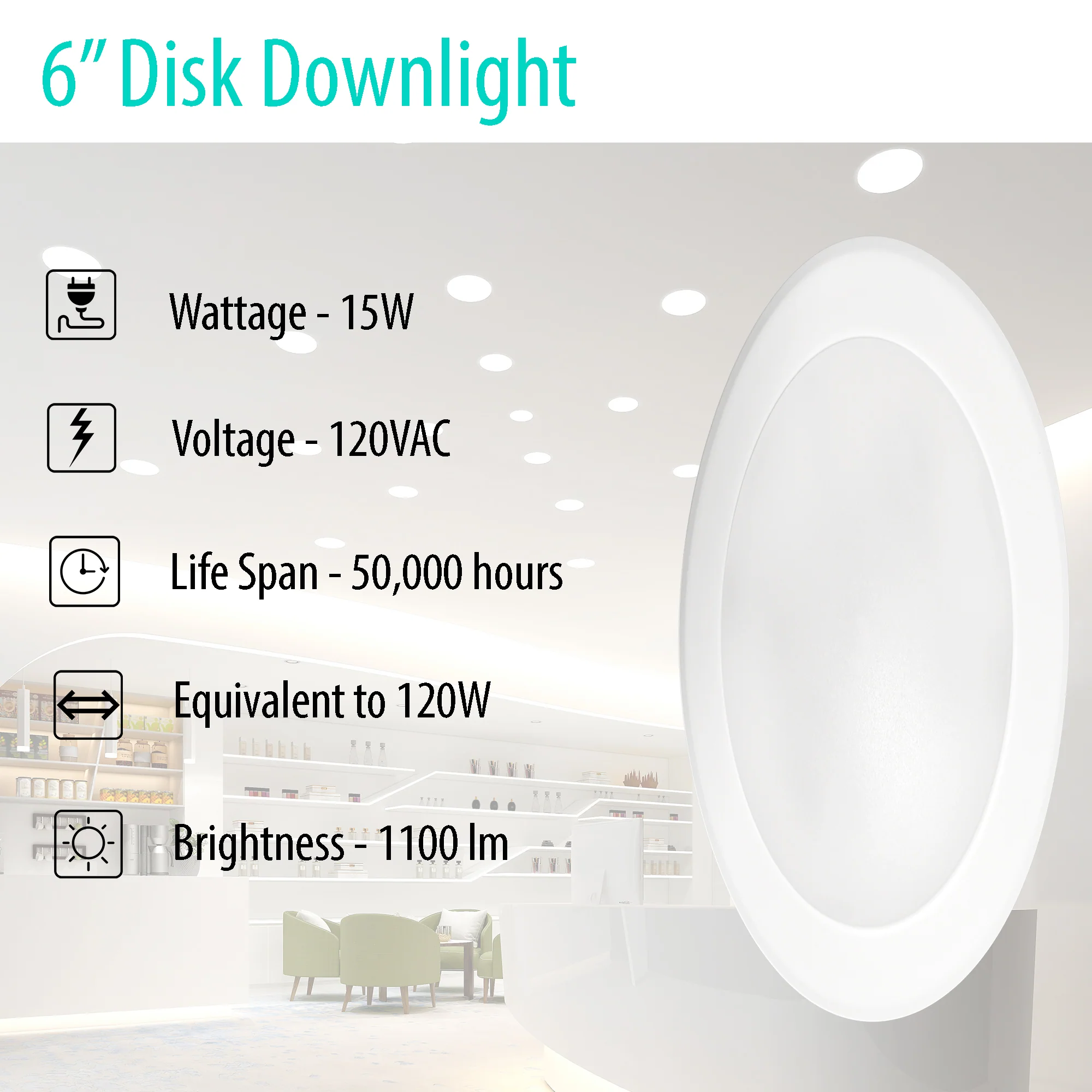 3BRIX 6" 15W Flush Mount Disk Downlight - 1100 lumens - ETL Listed - Image 2