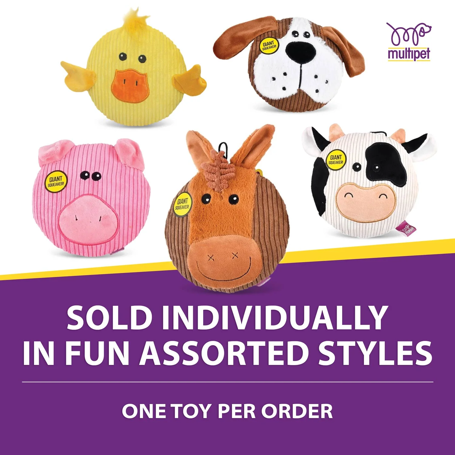 Sub-Woofers Stuffing-Free Flat Assorted Farm Animal Corduroy Dog Toy with Large Squeaker, Each - Image 1