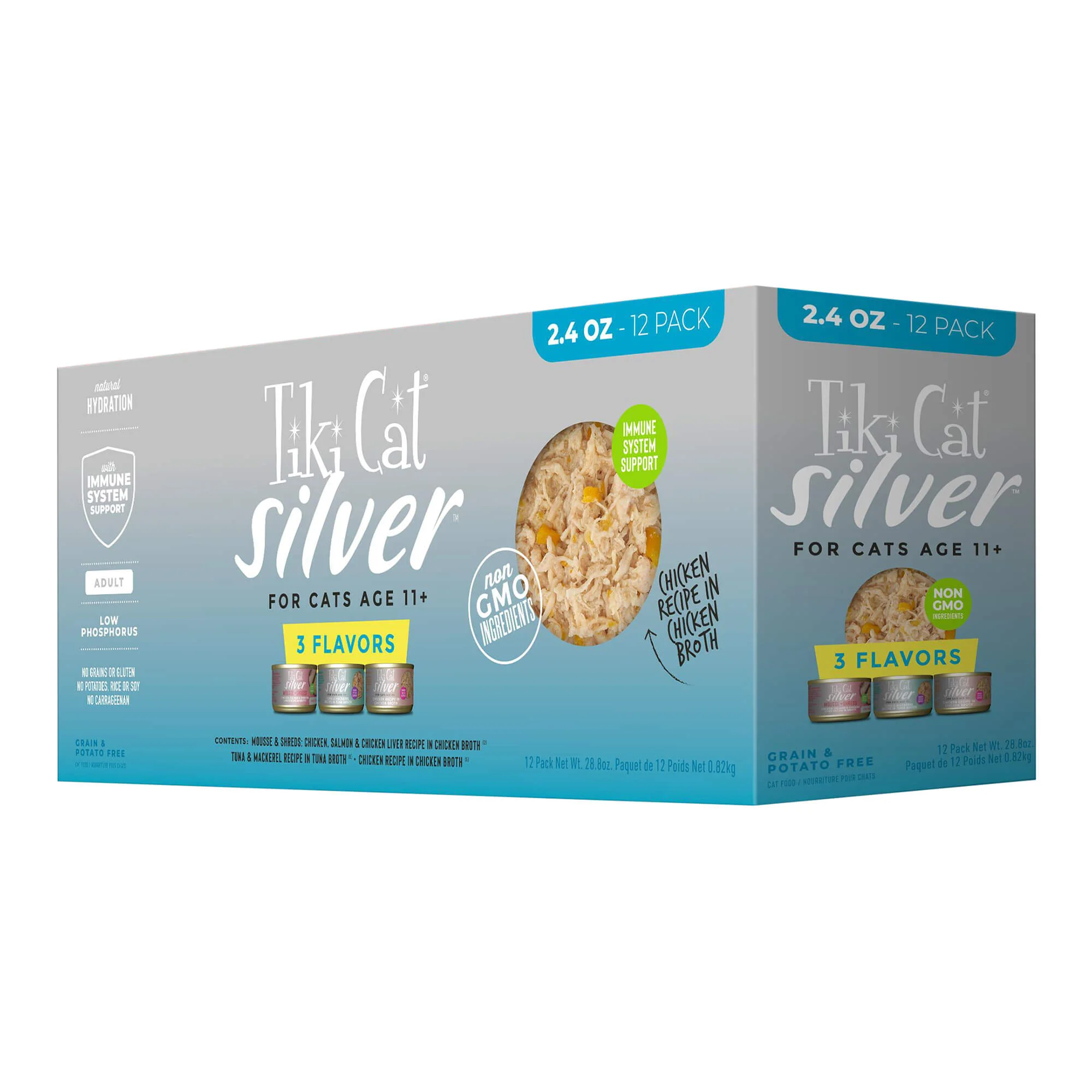 Tiki Cat Silver Wet Cat Food for Seniors, Variety Pack, 2.4 oz Cans, 12 ct - Image 1