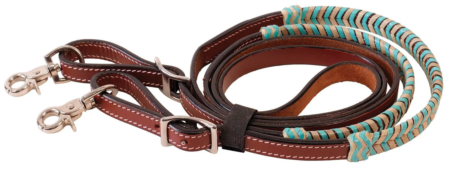 Buffalo Leather Turquoise Rawhide Laced Roping Rein, 7 ft - Image 1