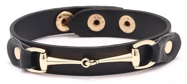 Vegan Leather Bracelet with Gold Tone Snaffle Bit - Image 2